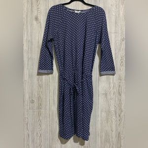 Boden Jersey Knit Casual Navy Blue & White Polka Dot Striped Midi Dress Size L